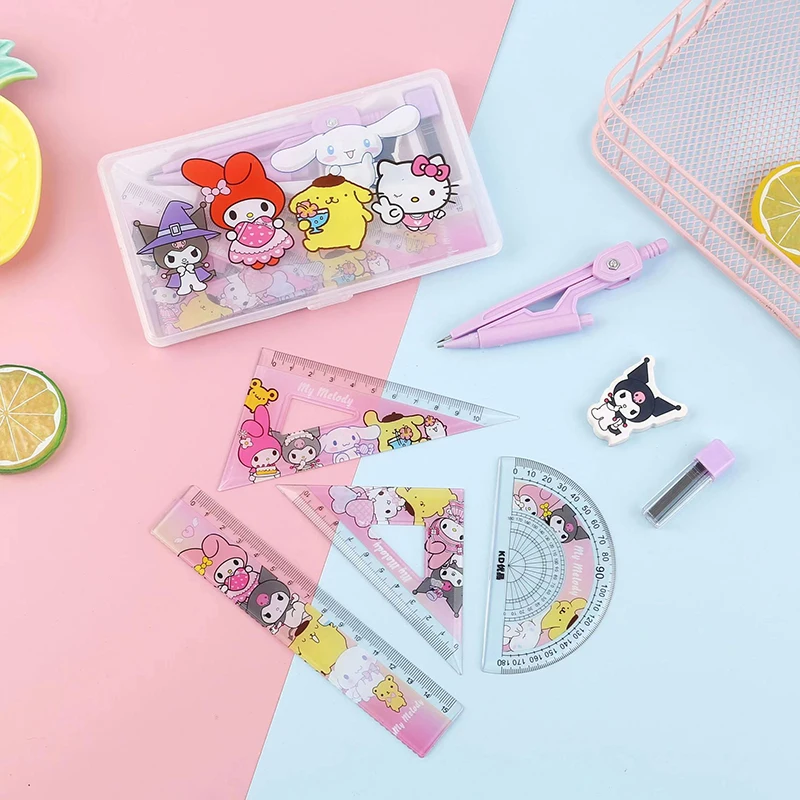 Sanrio Anime Kawaii Hello Kitty Cinnamoroll Students Compass Ruler Set Cute Kuromi Pen 7-Piece Set Stationery Kids Gifts