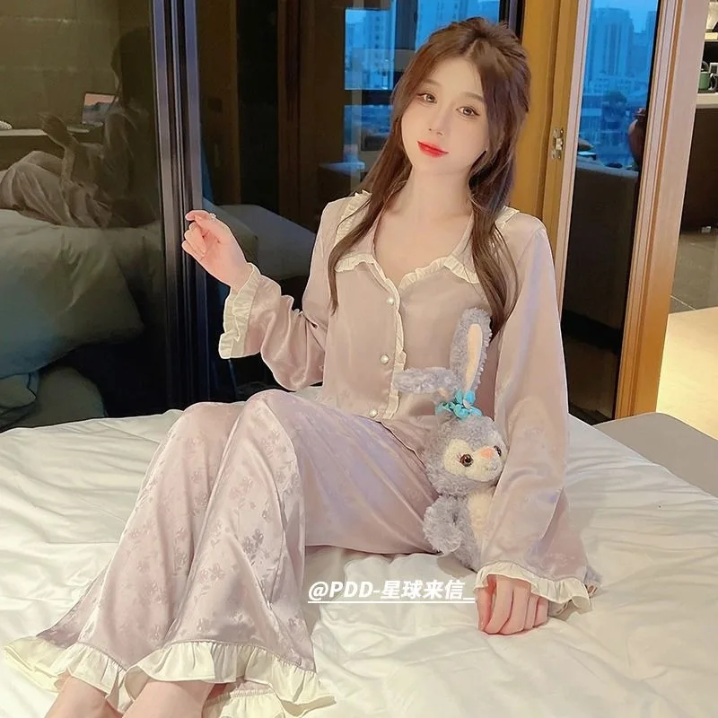 Ice Silk Pajamas Women Spring and Autumn Long Sleeve Pants Sweet Princess Style Lovely Home Dress Set French Court Style