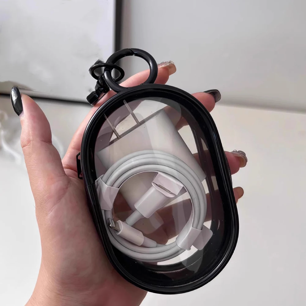 1pc New Round Black PVC Transparent Cosmetic Bags Jewelry Organizer Portable Data Cable Earphone Coin Charger Storage Pouches