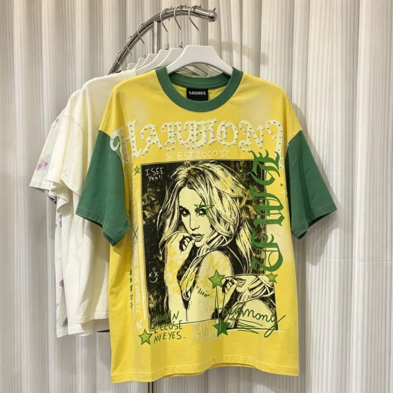 Yellow Green Patchwork Sleeves HARMONY Tshirts Hot Drill Letter Graffiti Print Breathable Cotton Short Sleeve Men Women Top Tees