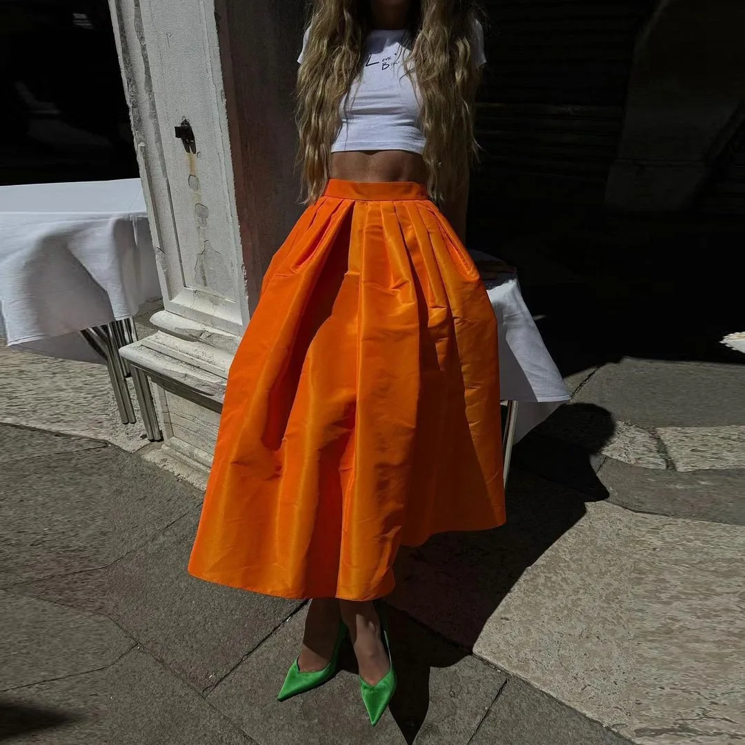 High Street Orange Knee Length Satin Skirts Fashion A-line Midi Skirt Female Saias Custom Made Elegant Satin Women Skirt