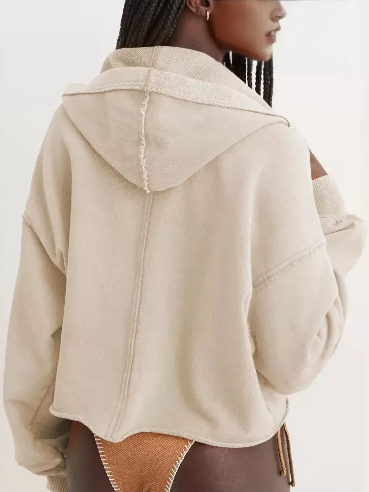 Spring Autumn Women's Hooded Sweatshirt Long Sleeve Solid Color V Neck Crop Hoodie,Casual Loose V Neck Long Sleeve Pullovers Top