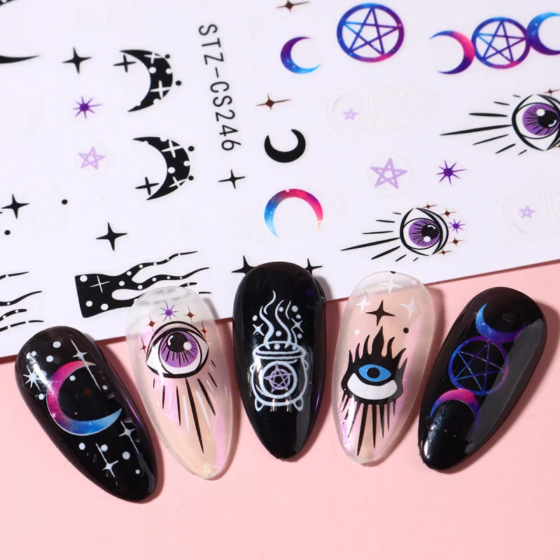 Urocze Oczy Księżyc Gwiazda Naklejki na Paznokcie Fioletowe Złe Oczy Bogini Ozdoby do Paznokci Śliczne Duchy Halloweenowe Samoprzylepne Naklejki Dekoracje