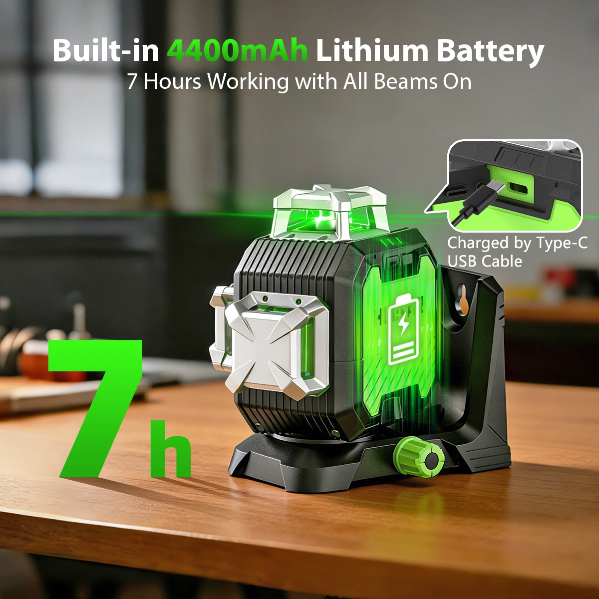 Huepar 3D 12 Lines Cross Line Laser Level Self-leveling Adjust Brightness Green Laser Tool & Li-ion Battery Pulse Mode Hard Case