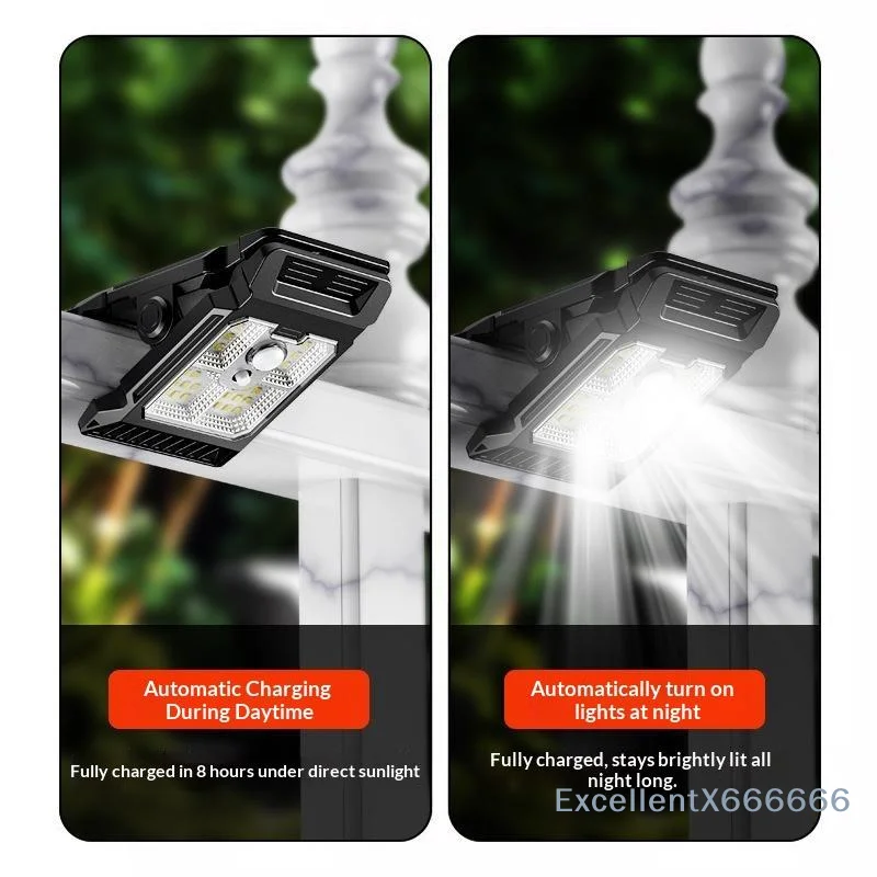 Solar Clamp on Sensor Motion Lights Outdoor Waterproof Work Light 3 Lighting Mode Camping Lamp Fence Wall Garage Led Lamp