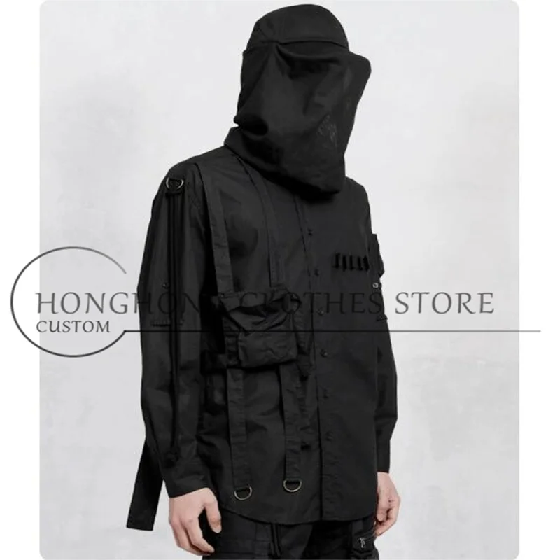 Original design black tourniquet deconstructed shirt - hardworking pioneer functional style multi-pocket laced workwear shirt