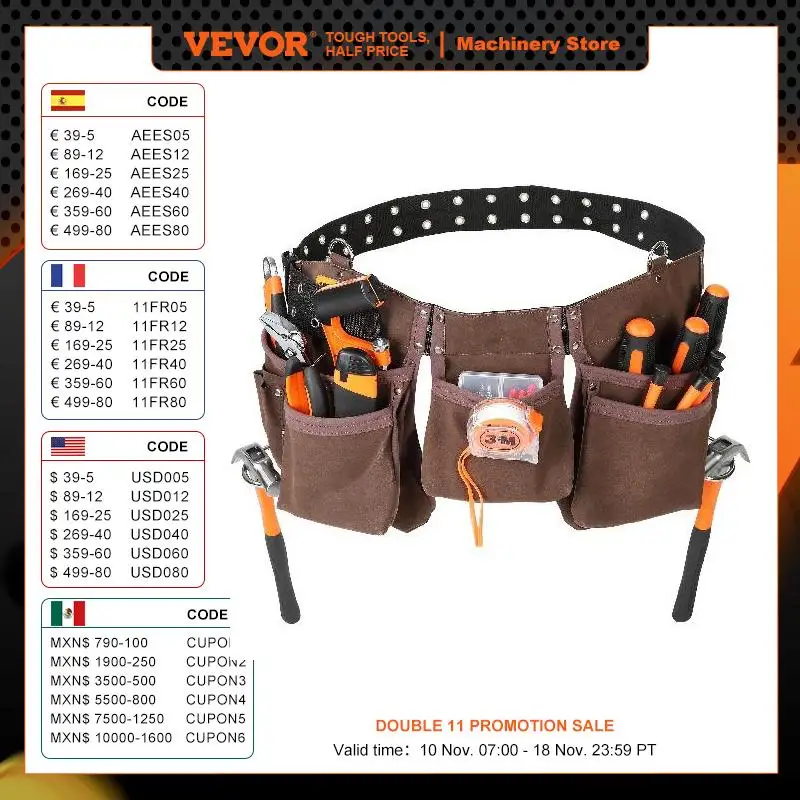 VEVOR 13 Pockets Tool Belt Waist Pouch with Dual Hammer Loops Tool Storge Bag for Wrenchs Screw Electrician Carpenter Repair