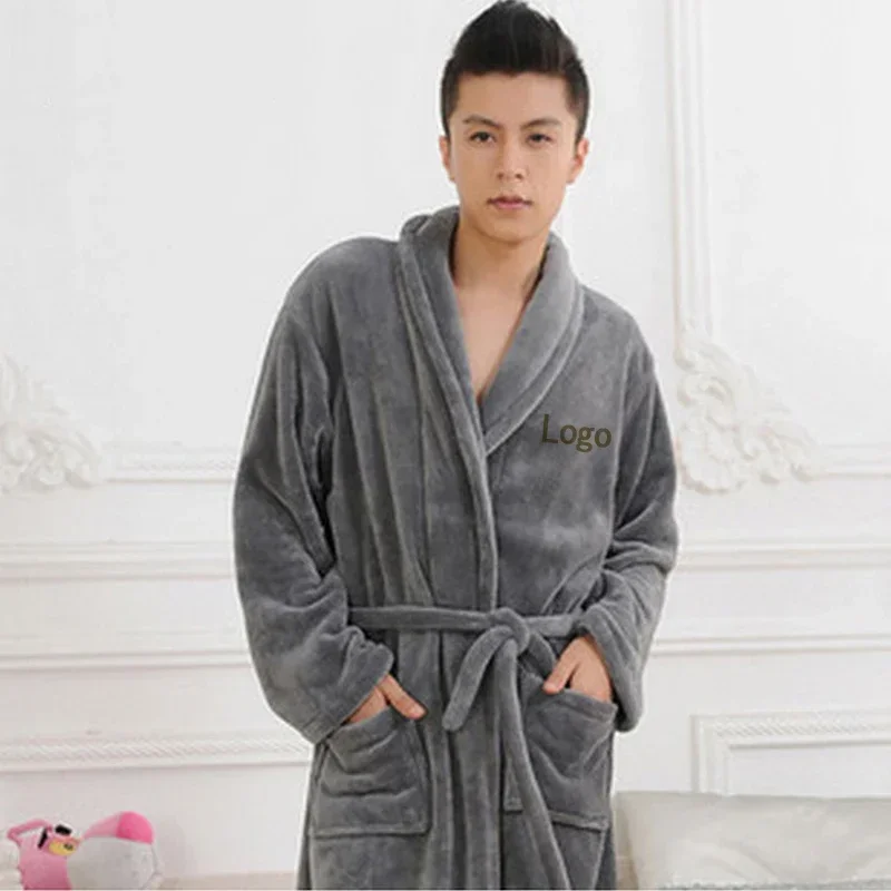 2pc DIY Coral Velvet Custom Embroidery Bathrobe Men Nightgown Warm Women Yukata Long Bath Robe Custom Embroidery Logo Sleepwear