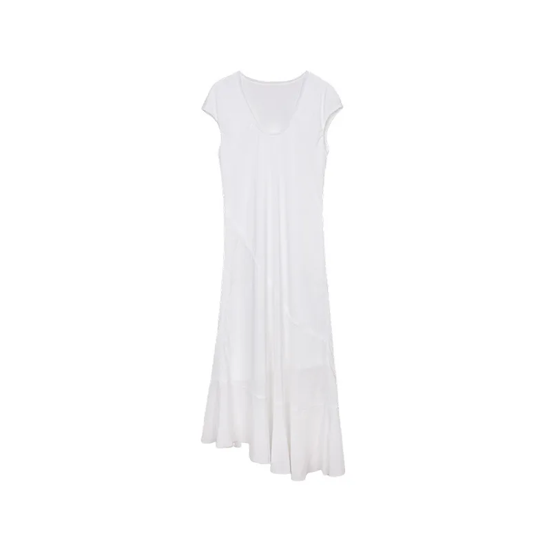 Robe en satin sans manches, amincissante, simple, irrégulière, mi-longue, blanche, été, 2025