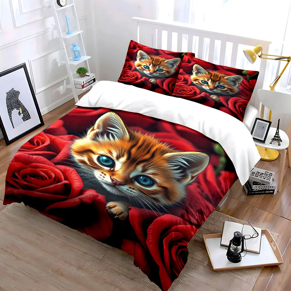 Blue-eyed kitten in red roses Print Bedding Set 1 Duvet Cover 2 Pillowcases for Adult and Children Luxury Gift Full Size