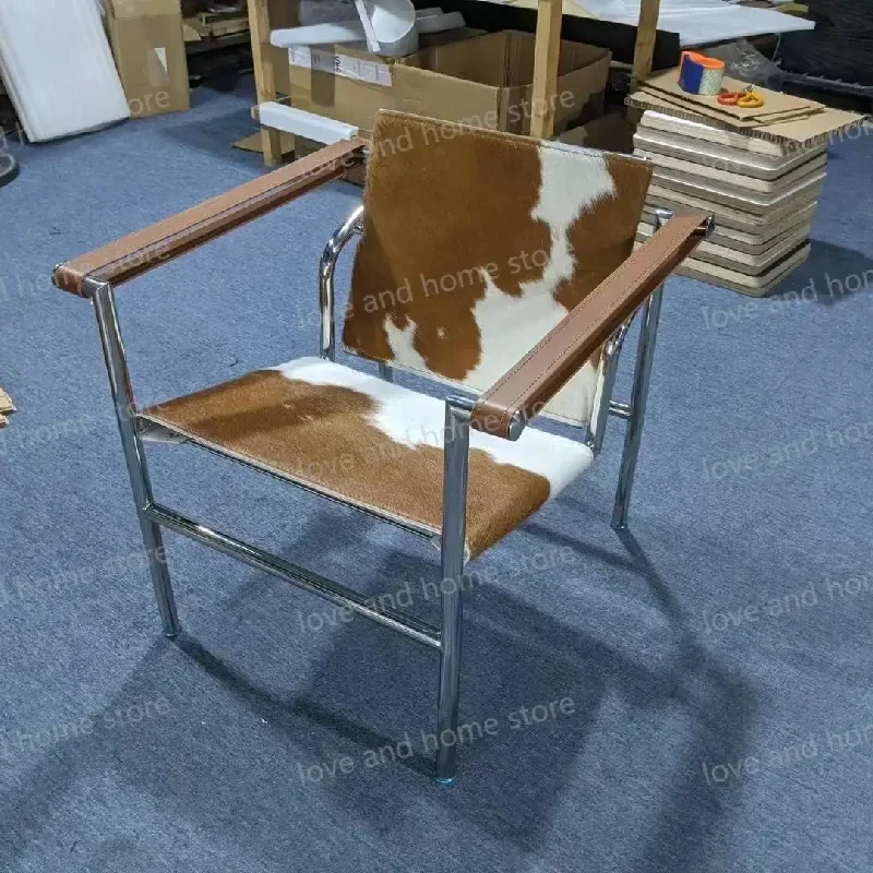 Lounge Leisure PU Leather Cow Leather Stainless Steel Frame Chair for Living Room Corbusier Creative Meubles De Salon Decoration