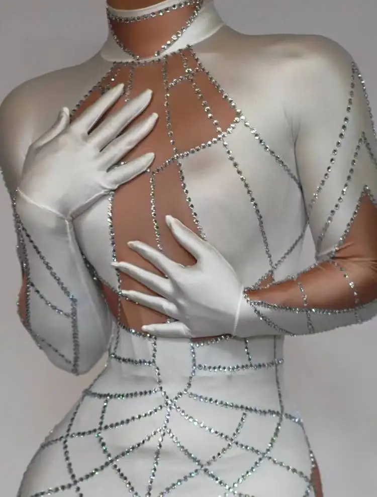 レディースセクシーなクリスタルジャンプスーツ手袋ラインストーンナイトクラブパーティーパフォーマンスジャンプスーツポールダンス歌手ステージパフォーマンス衣装