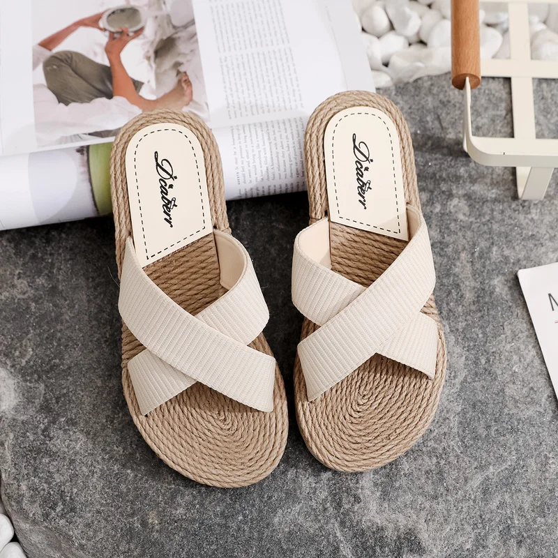 Ladies New Slippers Summer Cross Drag Fashion Hemp Rope Outer Wear Slippers Casual Sandals and Slides 2022 Women\'s Slippers