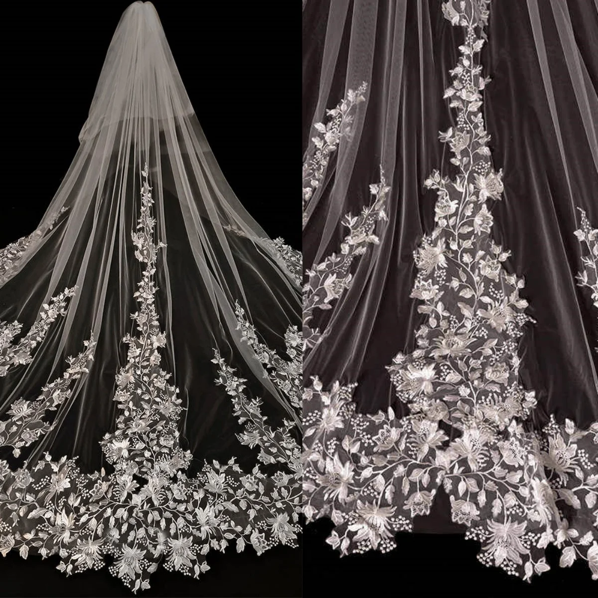 

Luxury Wedding Veils Appliques Two Layer Long Cathedral Length Veils Applique Edge With Comb Custom Made Bridal Accessories