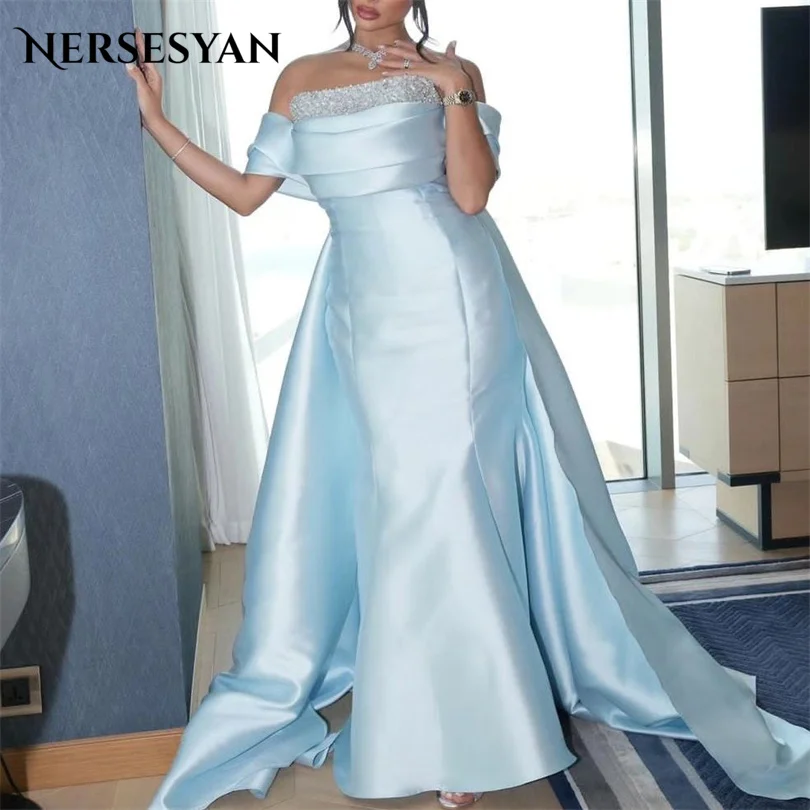 

Nersesyan Luxury Sky Blue Satin Mermaid Evening Dresses Glitter Off The Shoulder Backless Party Gowns Long Vestidos De Fiesta