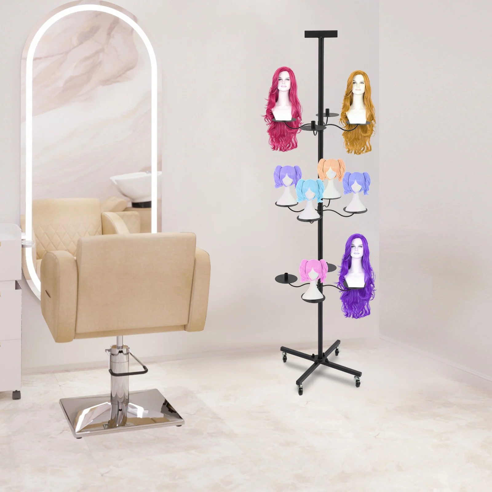 

Portable Rotating Wig Display Rack With Top Advertising Clip, Stylish Modern Design For Wig And Mannequin Head Storage