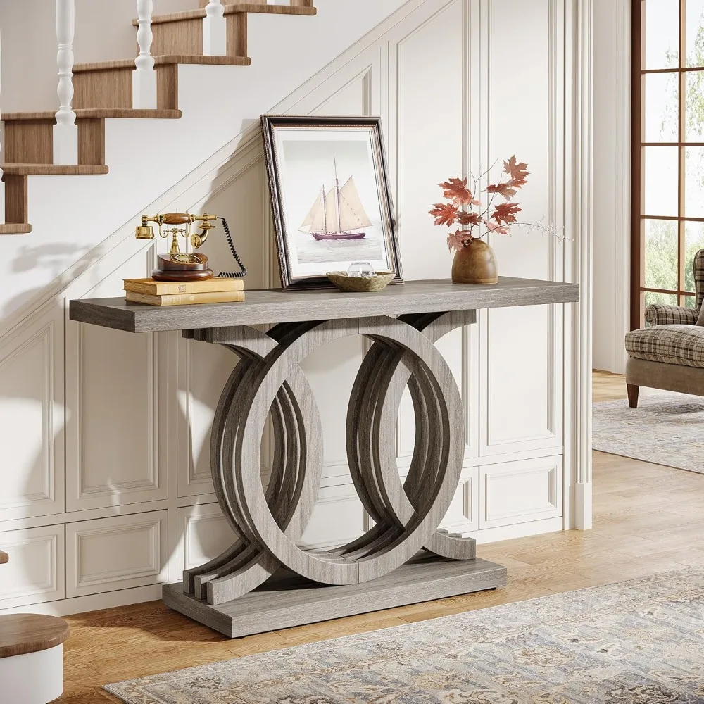 

55-Inch Console Table with Geometric Wood Base, Modern Entryway Table with Thick Tabletop for Living Room, Hallway
