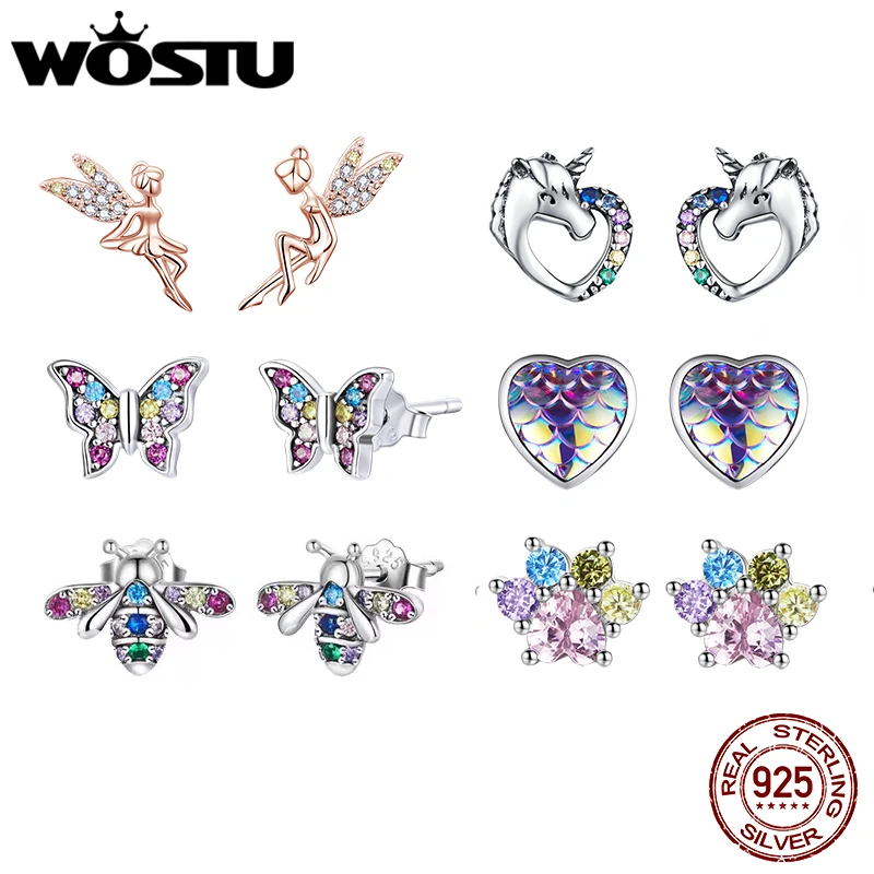 WOSTU 925 Sterling Silver Colorful Heart Stud Earrings Rainbow Unicorn Lightning Earrings For Women Fashion Silver Jewelry