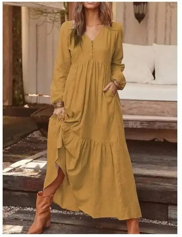

2025 Spring Bohemian Women Dress Long Black V-Neck Oversize Dresses Female Summer Elegant Trendy Fashion Casual Ladies Clothes