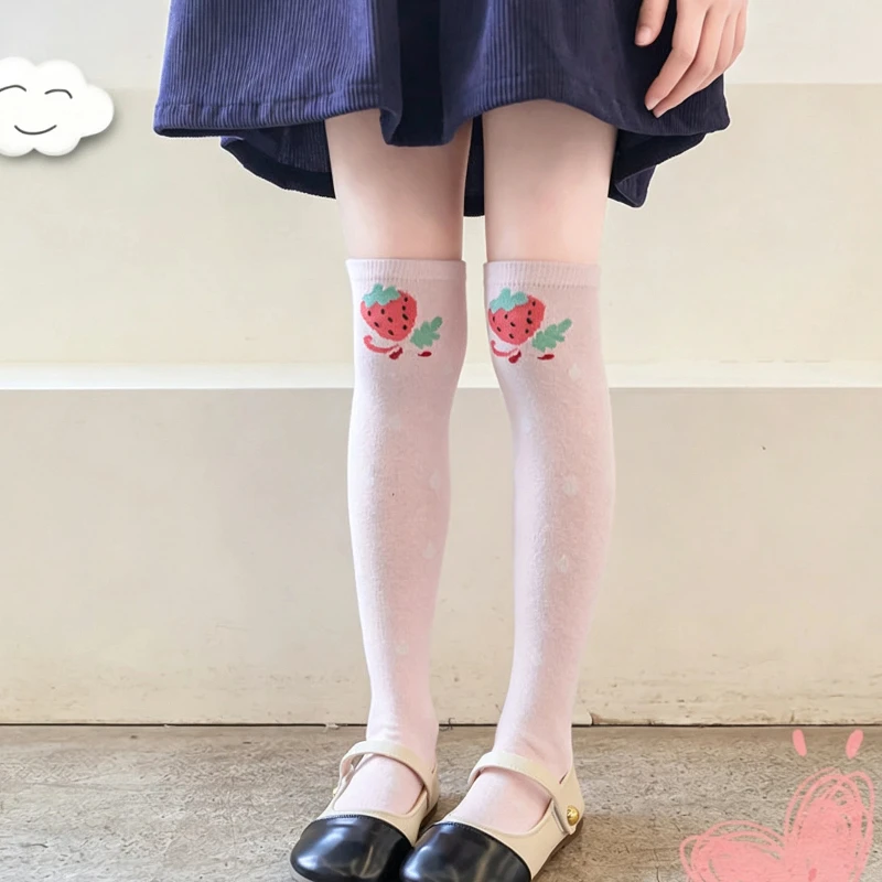 Sweet Little Girls Pink Over Knee Long Socks With Assorted Cartoon Strawberry Prints Soft Stretchy Breathable Lolita  Stockings