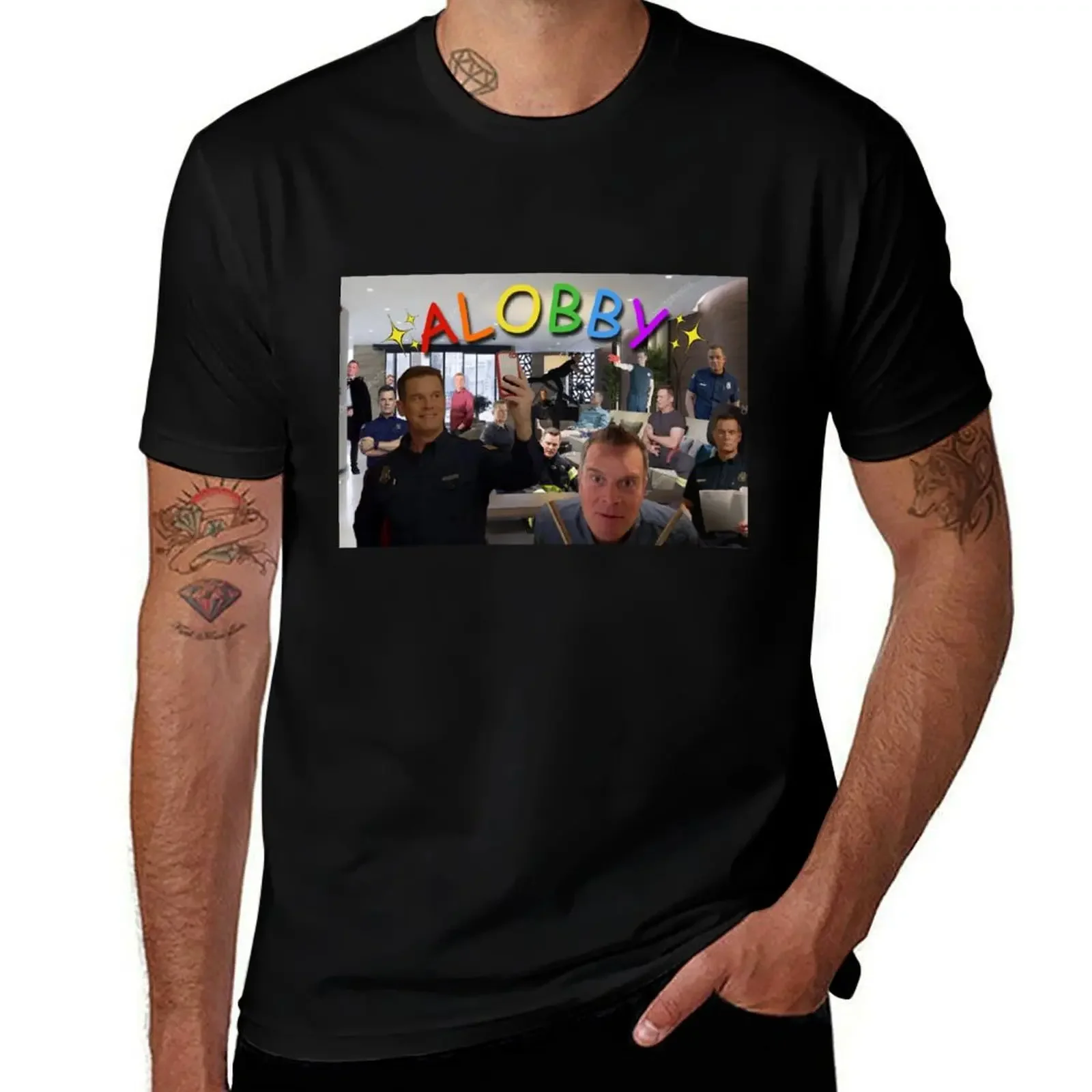 

Bobby in a Lobby (with alobby text) T-Shirt blue lock hippie clothes designer shirts mens vintage t shirts