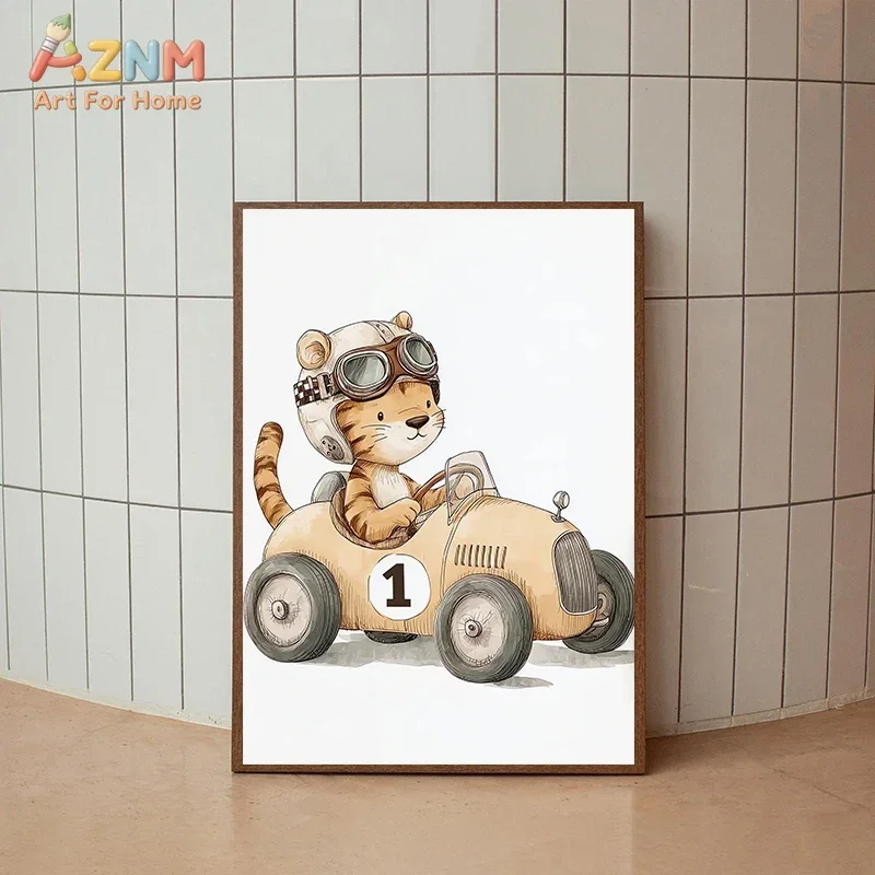 AZNM Cute Animal Race Car Canvas Wall Art Tiger Elephant Rabbit Driving Car Print Unframed Canvas Painting Boys Nursery Decor