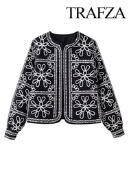 TRAFZA Women Autumn Chic Black And White Printing Long Sleeves Cardigan Coat Elegant Casual O-Neck Button Female Streetwear Top