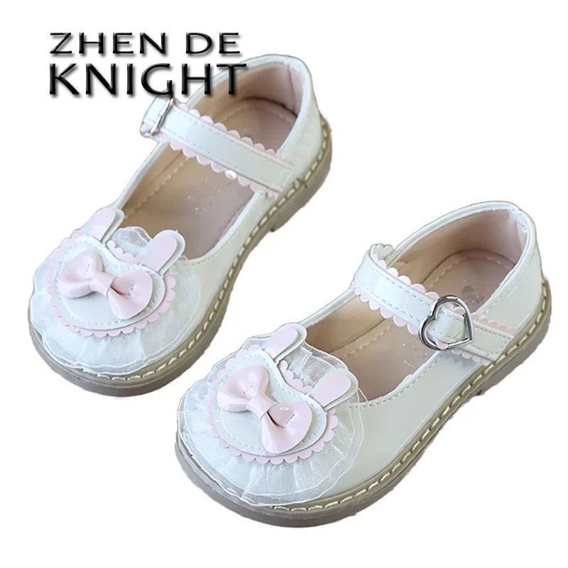 Little Girl Flat Shoes 2024 Bow Cartoon Rabbit Little Leather Shoes Children Round Headed Girl Sweet Princess Shoes