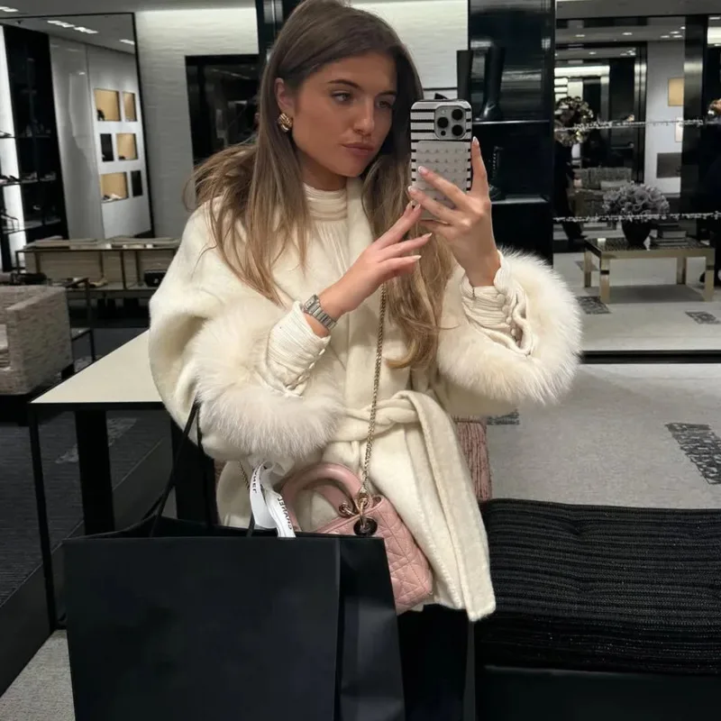 HUISONG Vossenbont Wollen Jas Dames Korte Jas Kantoor Dame Afneembare Elegante Dubbelzijdige Wollen Overjas 2025 Nieuwe Vest Jas