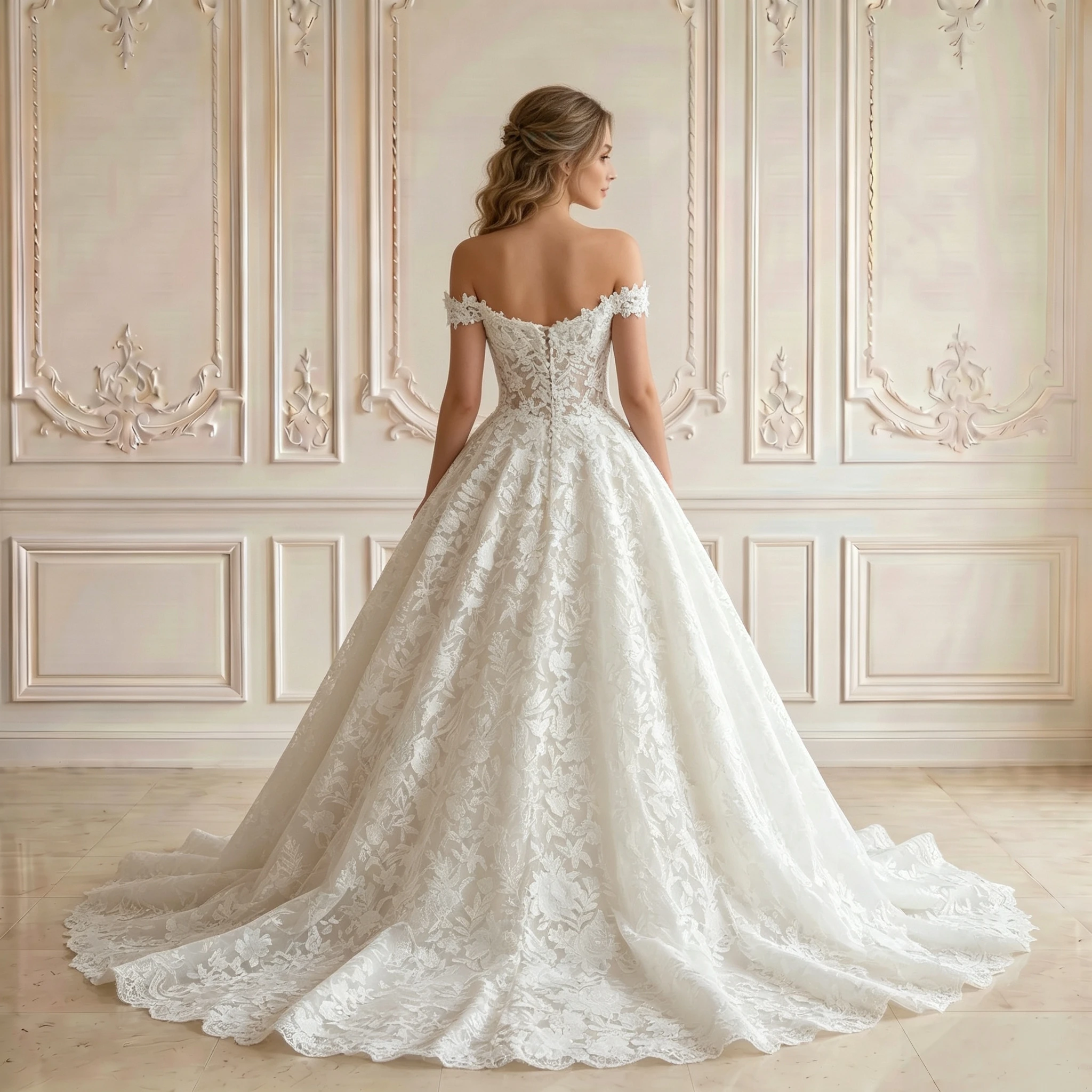 Off Shoulder Sweetheart Ball Gown Wedding Dress Full 3D Floral Lace Zipper Back Scalloped Chapel Train Bridal Gown
