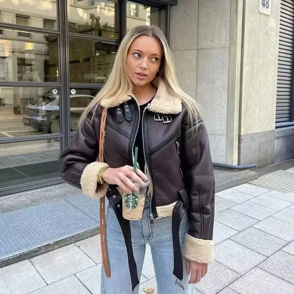 벨트 모토 바이커 두꺼운 따뜻한 양가죽 코트 아우터 인조 양가죽 퍼 숏 재킷 겨울 여성 스트리트웨어 PU 가죽 재킷