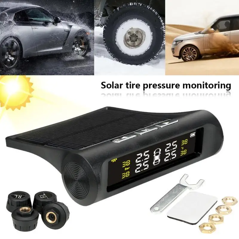 TPMS Solar Tire Pressure Sensor Monitoring System 4 Wheel: Internal External Sensors