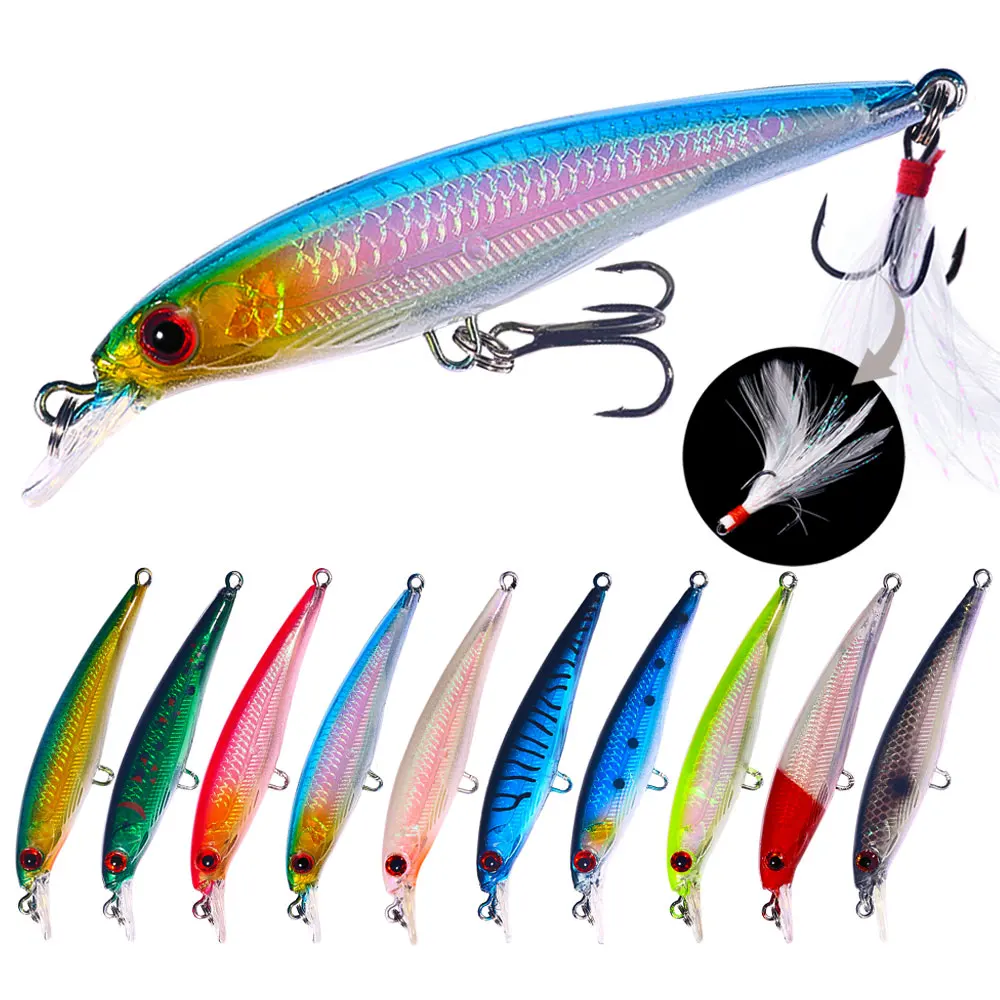 HENGJIA 1PC Hard Bait fishing lure Minnow 9cm 8g swimbait with feather hooks 10 colors crank bass pike fishing tackle