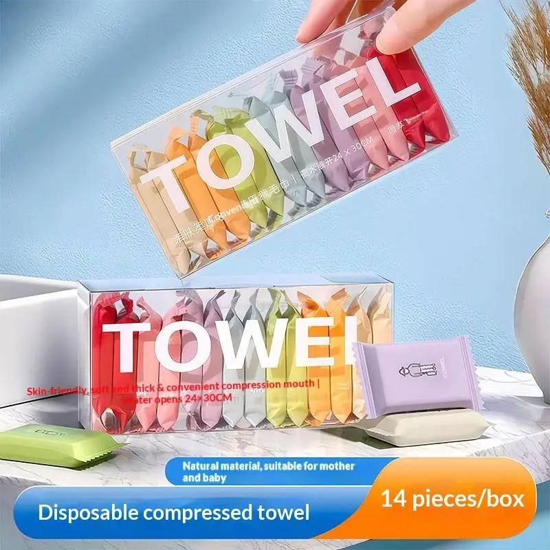 14pcs Disposable Portable Travel Towels Thickened Compressed Face Cleansing Beauty Square Washcloths For On-the-Go Hygiene