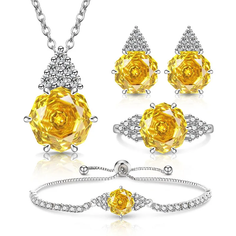 925 Sterling Silver Romantic Elegant Rose Cut Bright High Carbon Diamond Jewelry Set Ladies Wedding Anniversary Jewelry
