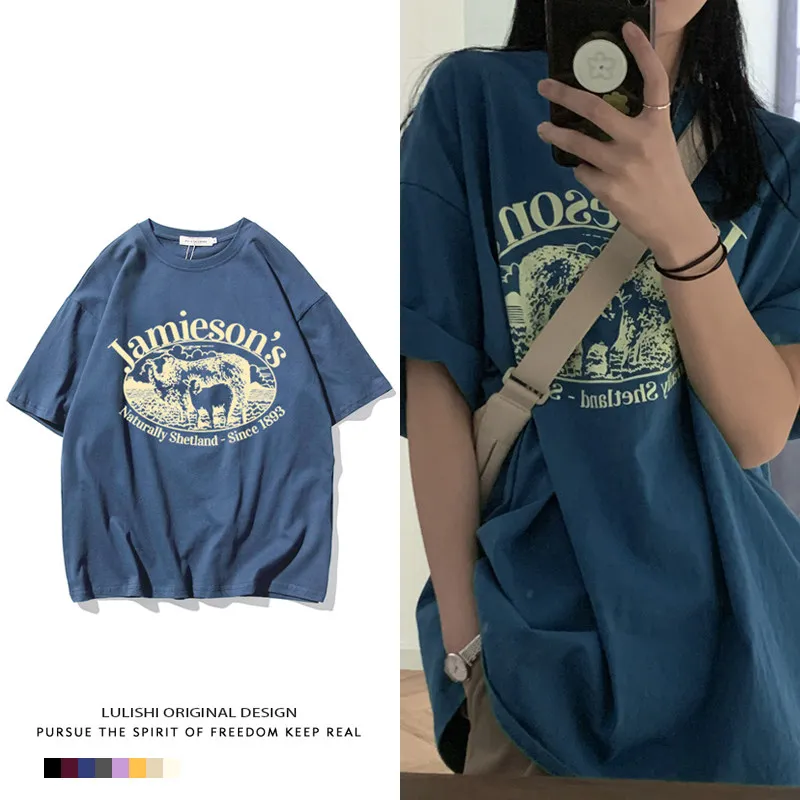Summer Korean Style Loose Oversize Short Sleeve T-Shirt Women's Design Sensation  Fashion Cotton Printed round Neck Top