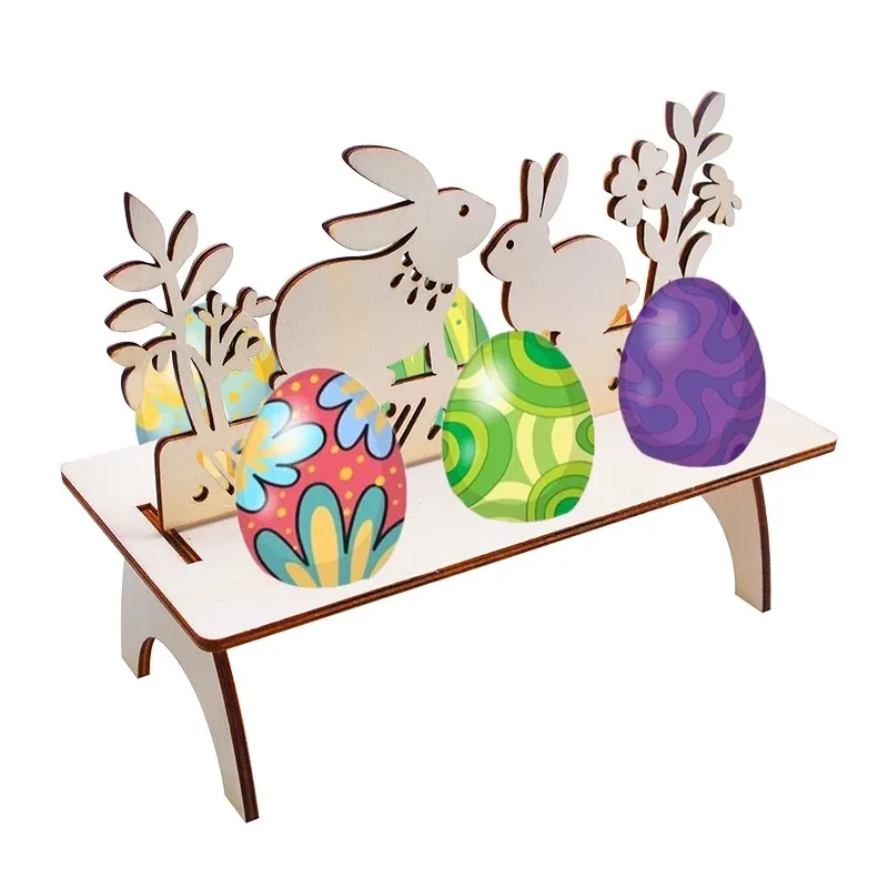 Wooden Easter Eggs Stand Shelves Easter Party Ornament Wood Chick Bunny Holder Tray Rack Happy Easter Decorations for Home