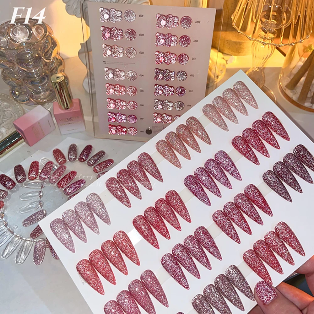 Vendeeni 15 Colors Pink Glitter Broken Diamond Gel Nail Polish Set Sparkling UV Soak Off Gel Varnish Flash Nail Art Gel Lacquer