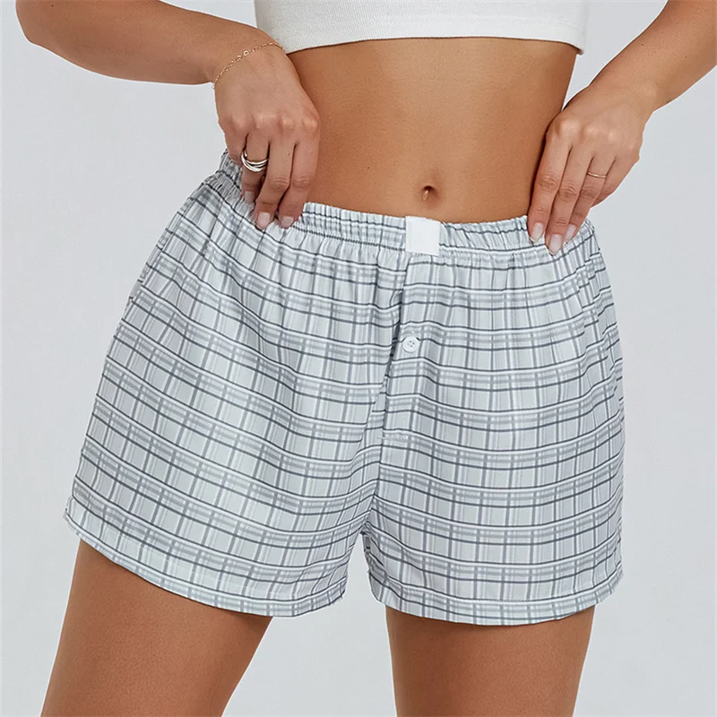 Women Y2k Plaid Pajama Shorts Buttons Elastic High Waist Casual Straight Short Pants Lounge Baggy Sweatshorts 2024 Summer New