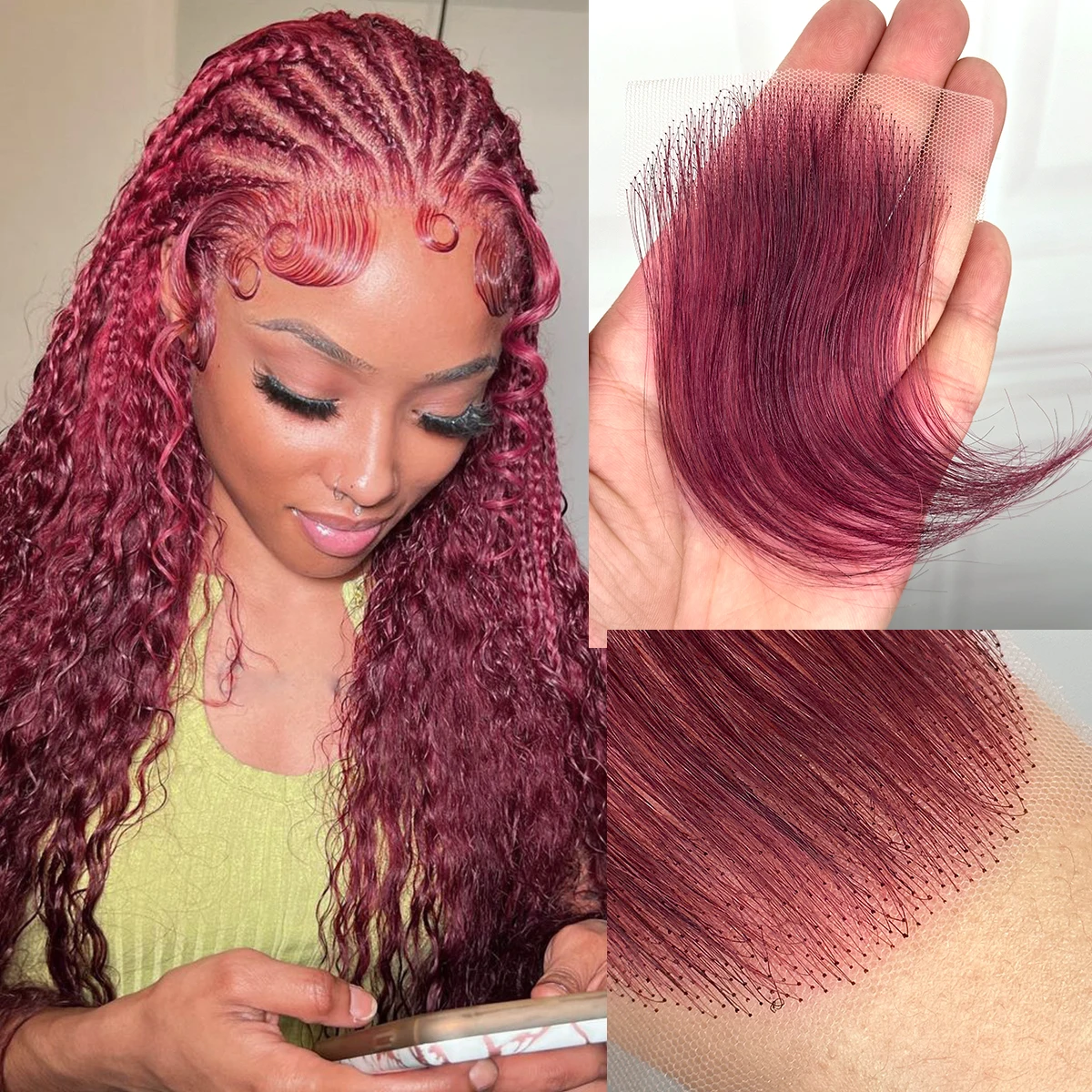 Wig rambut bayi renda HD 99J, 2 buah rambut palsu renda tidak terlihat merah anggur prepked rambut bayi Wig rambut manusia tepi renda
