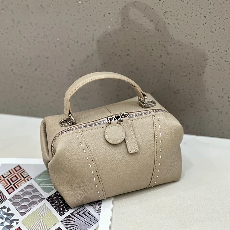 Cowhide Leather Mini Boston Shoulder Bag for Women Luxury Designer Pebbled Leather Top Handle Crossbody Bags Handbag