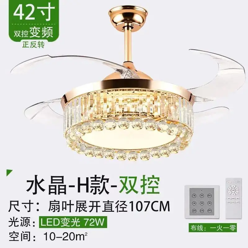 Modern Luxury Crystal Ceiling Fan Light 42 Inch Invisible Blade LED Chandelier Fan Dimmable Remote Control for Living Room