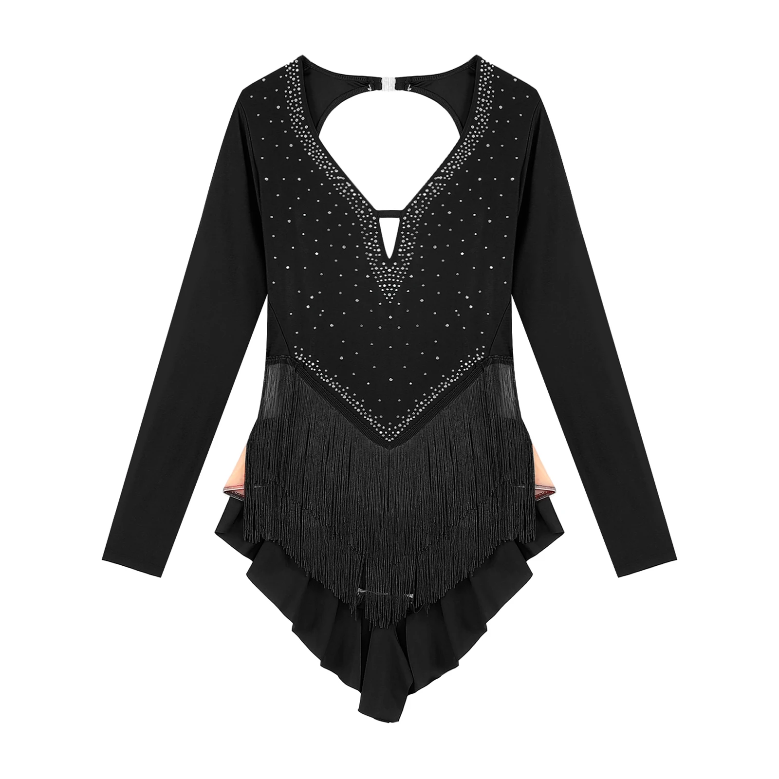 Women Latin Dance Dress Figure Skating Cha-cha Tango Samba Rumba Performance Costume Long Sleeve Rhinestones Fringe Leotard