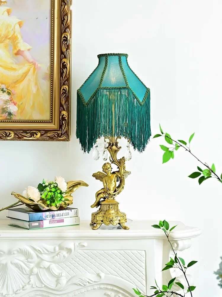 French style all copper retro desk lamp, European style angel luxury bedroom, classical living room, American style desk lamp