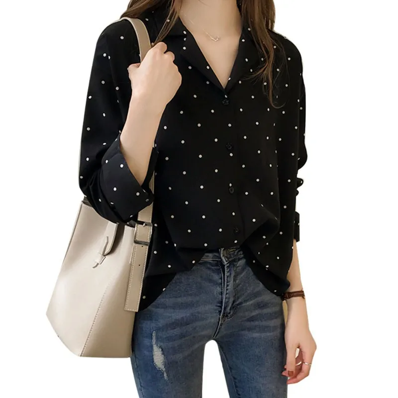 Women\'s Shirts Dot Print Button Turn-down Collar Long Sleeve Chiffon Blouse