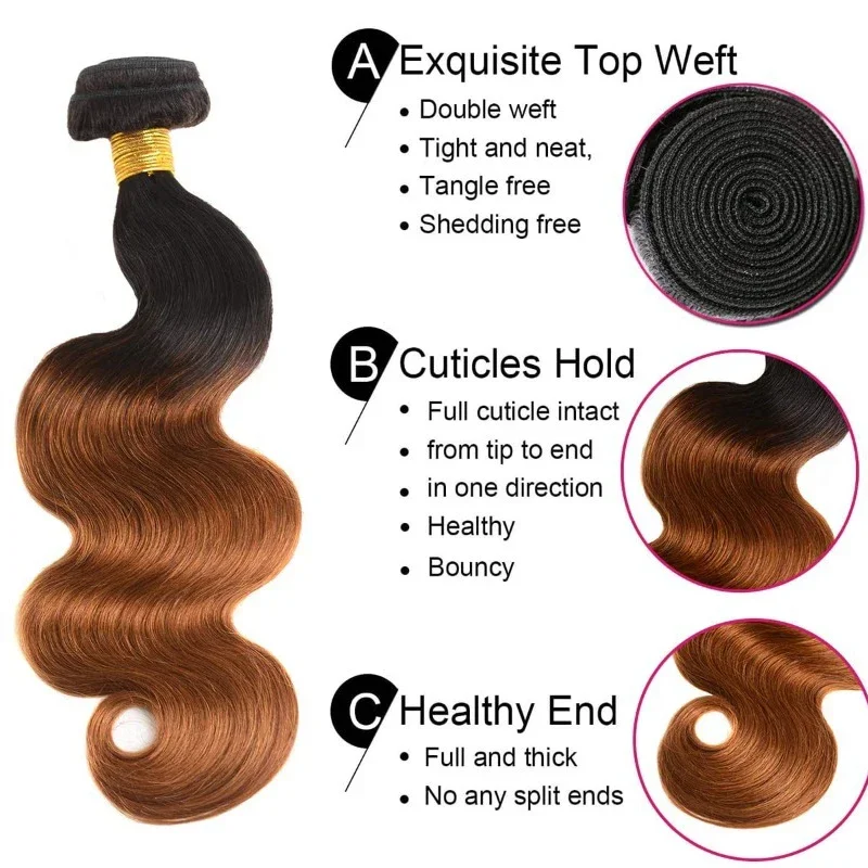 Extensão brasileira do cabelo humano da virgem para mulheres negras, pacotes marrom do ombre, onda do corpo, 100% real, 100g pelo PC, 1B30