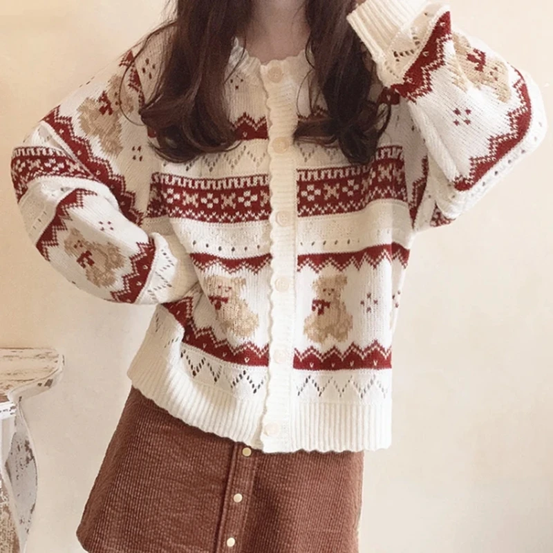 Women Y2k Vintage Knitted Jacket Coats Tops Christmas Bear Print Cardigan Autumn Long Sleeve Drop Shoulder Button Down Sweater