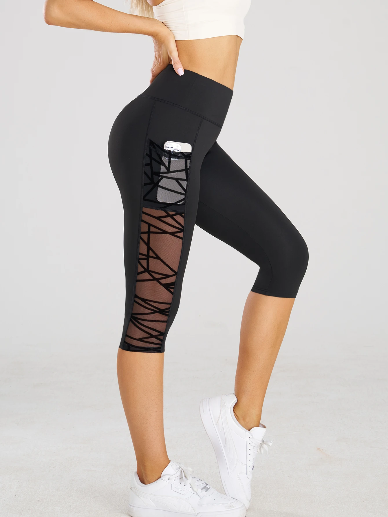High Waist Yoga Crop Pants Leggings With Pockets Sports Fitness Casual Tight Yoga Pants Side Cross Mesh Stitch Capri Leggings