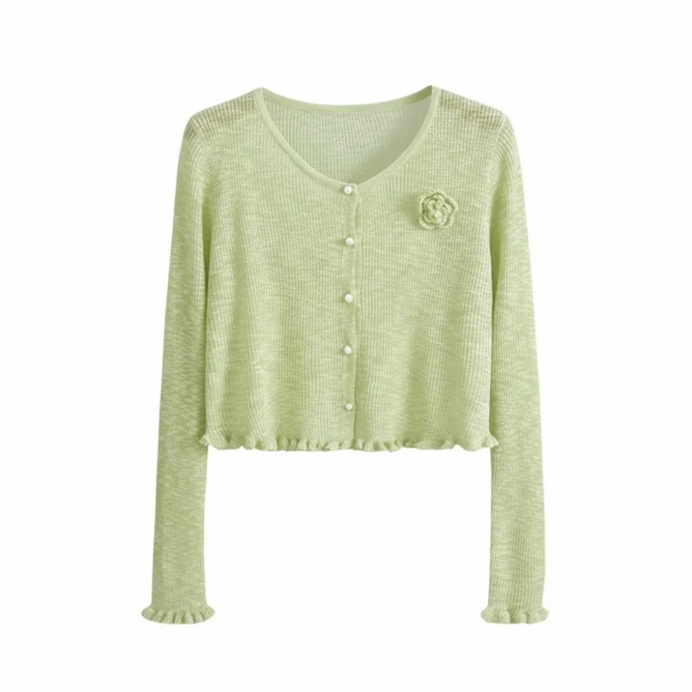 

Sheer Knit Ice Silk Cardigan Light Weight Breathable Material Knitted Cardigan Full Sleeve Crew Neck Floral Cardigan Outer Wear