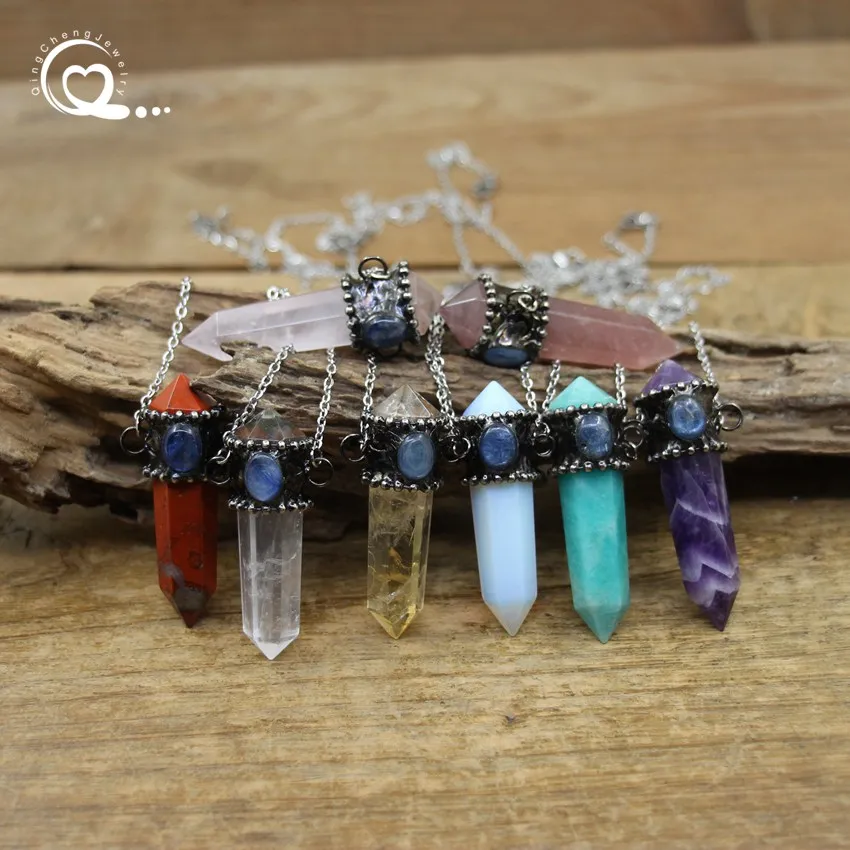 

Natural Quartz Double Point Punk Pendant Necklace Soldered Bronze Kyanite Citrine Amazonite Hexagon Charm Vintage Jewelry QC3399